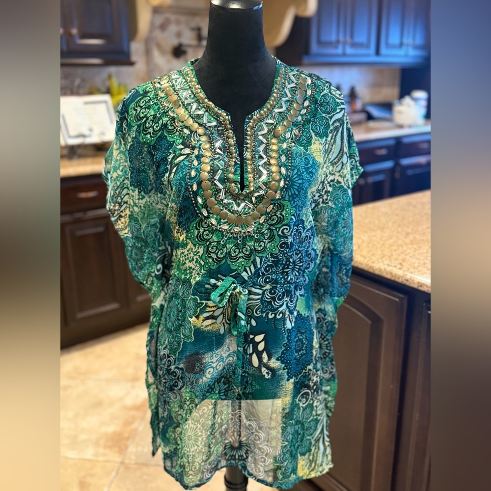 Elegant Green Patterned Women's Swim Coverup